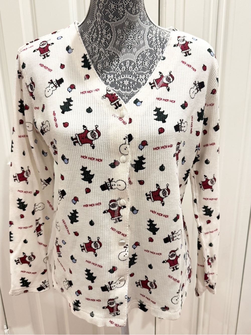White Button Down Thermal Top Ho Ho Ho Santa & Snowman Size S Holiday Winter